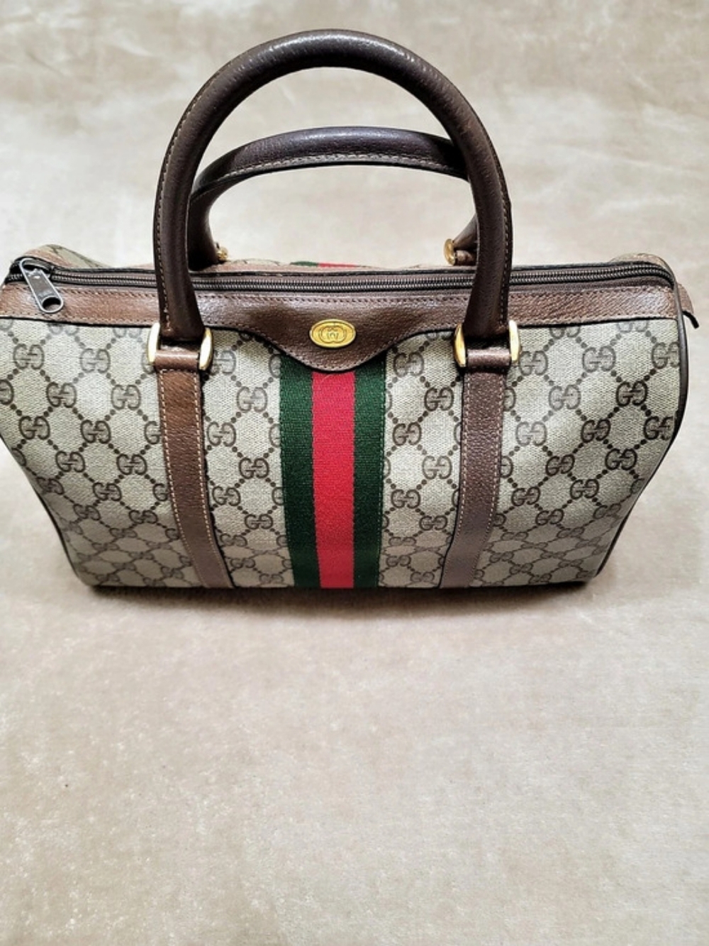Gucci Vintage Micro GG Supreme Web Boston Bag Brown & Green